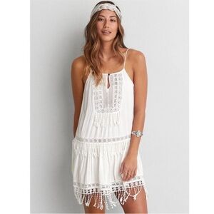 American Eagle Outfitters Women's Off White Boho Strappy Fringe Dress
